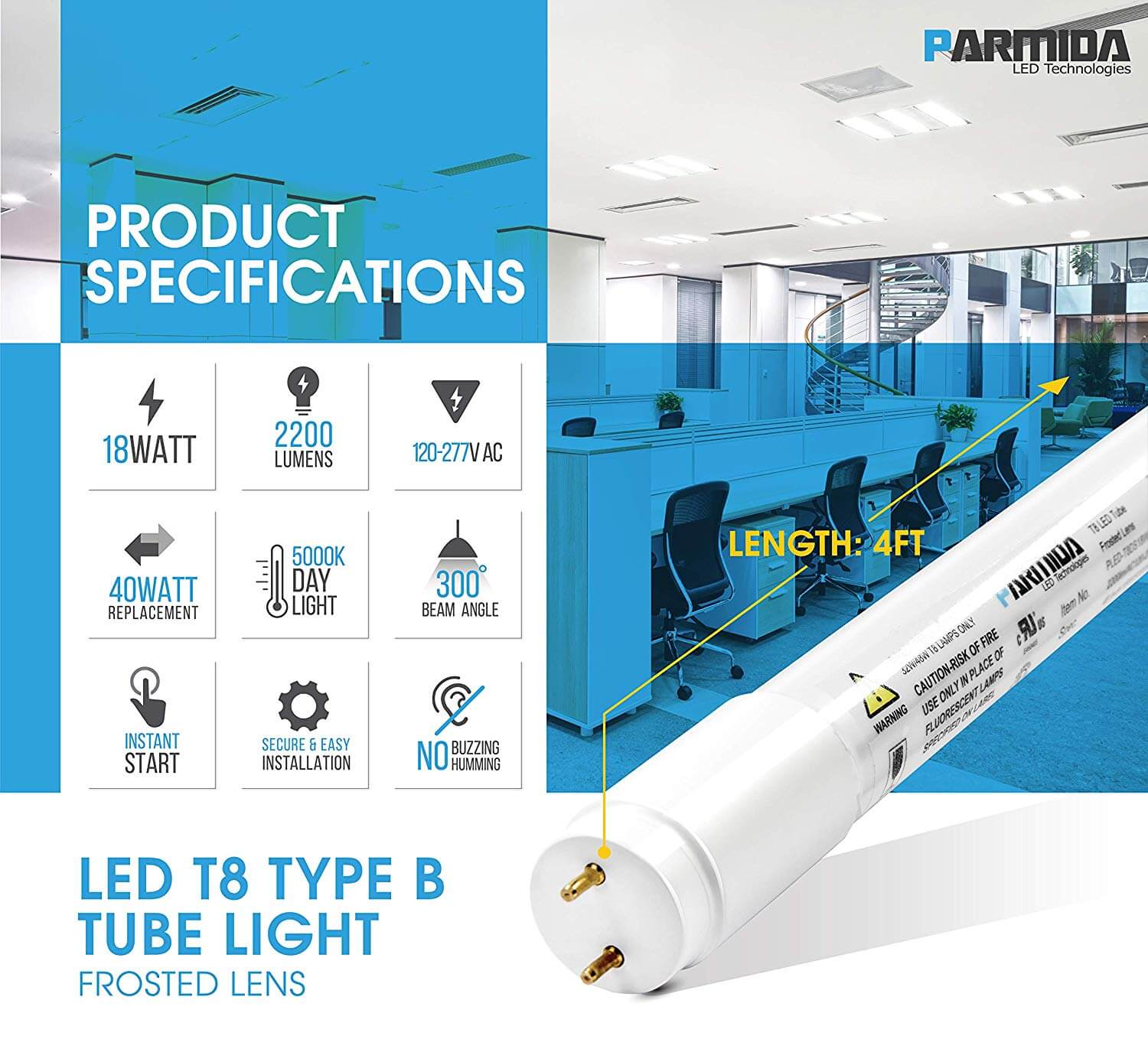LED T8 Light Tube, 4FT, 18W (40W Equivalent), 2200lm Trinidad Leds